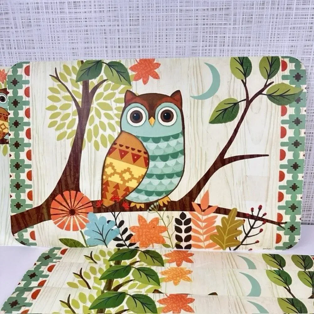 J Brinley Artist, Woodland Owl 6 Placemats Vinyl, 2 sides MCM Table Setting Bird